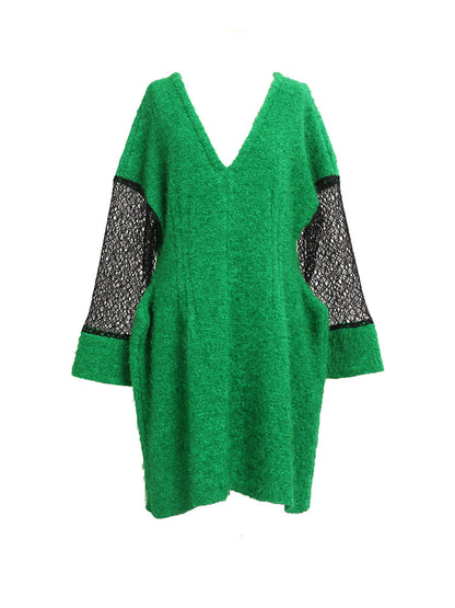 V-neck long-sleeved knitted wool dress
