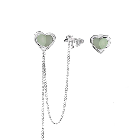 Green heart asymmetric chain earrings B1689