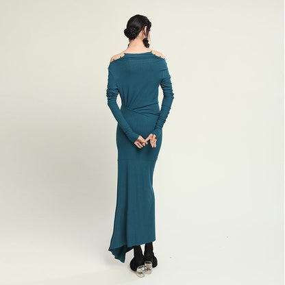 One-shoulder thin wool knit dress