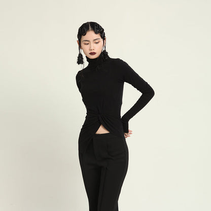 Elastic long-sleeved high-necked wool top