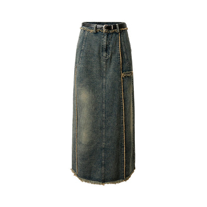 Retro raw edge split denim long skirt