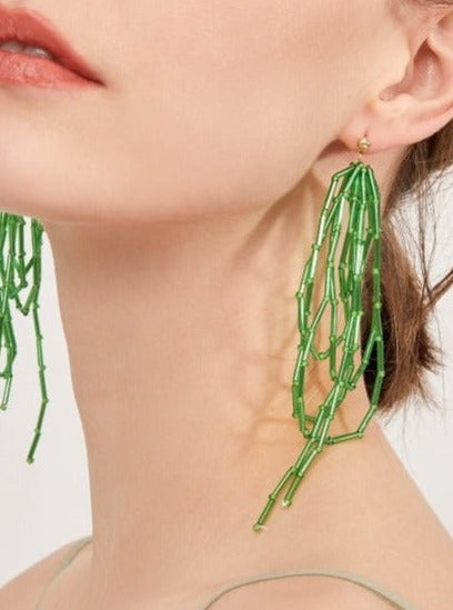 Green tassel tube bead earrings B1187