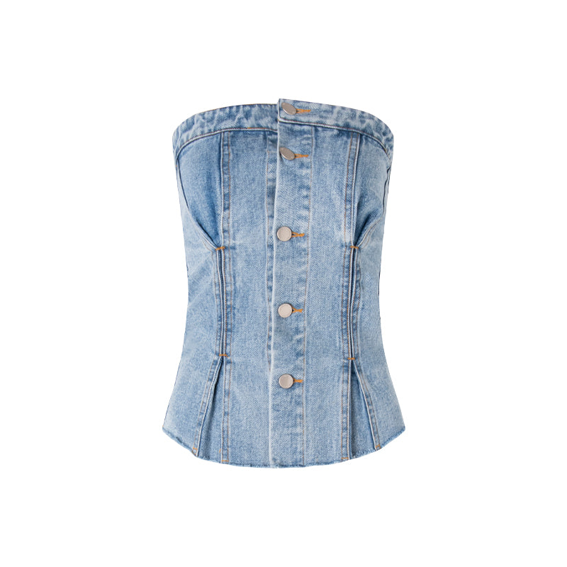 Pleated denim tube top and skirt