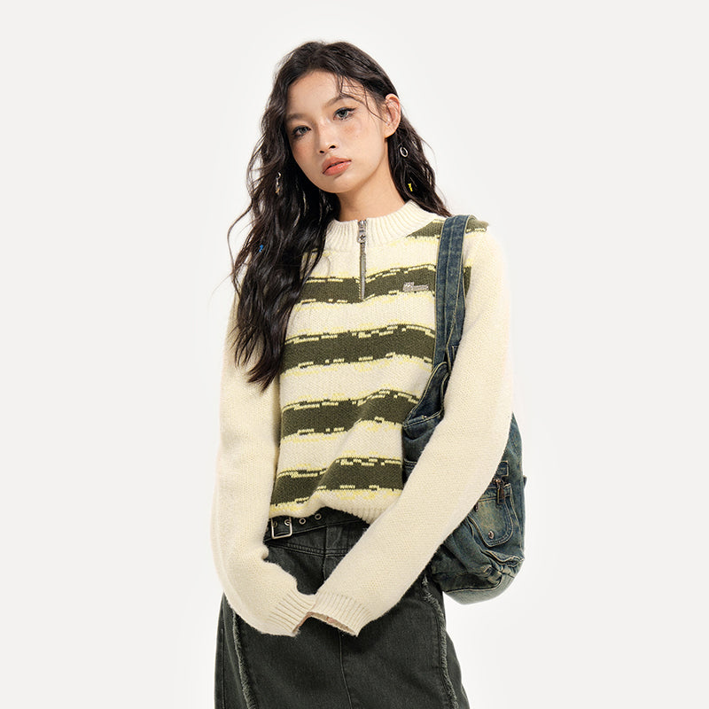 Striped half zipper jacquard sweater