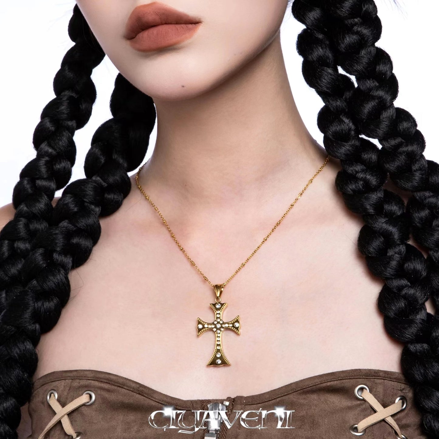 Y2K Baroque Golden Cross Necklace B1570