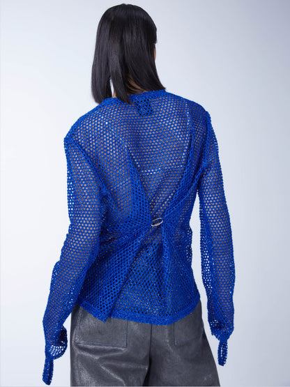 Blue hollow stitching mesh long-sleeved shirt