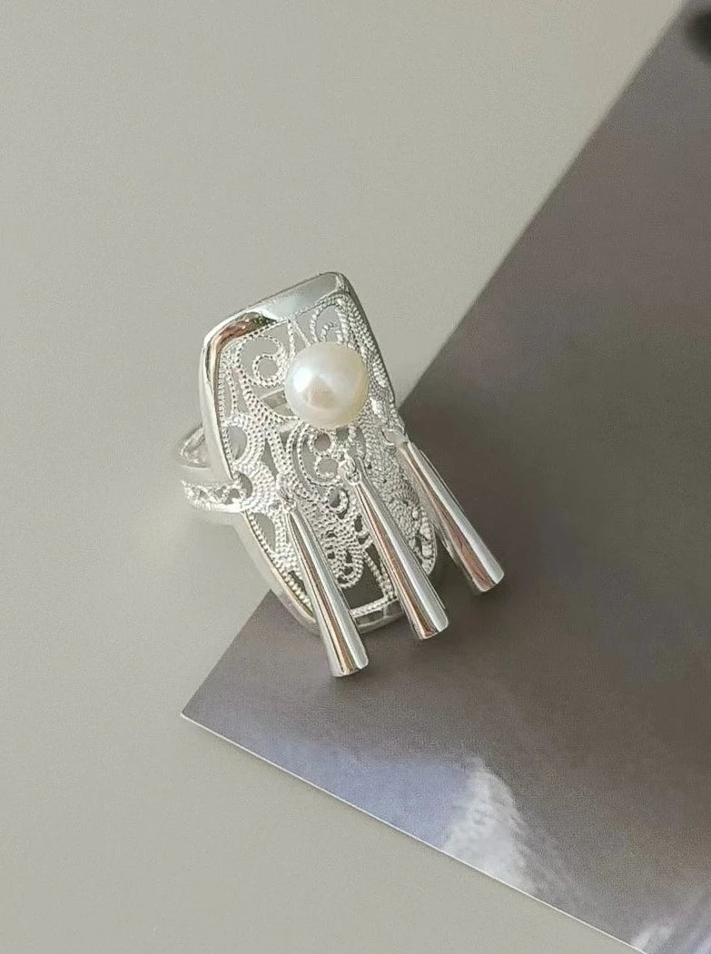 S925 Pearl tassel filigree ring B2111
