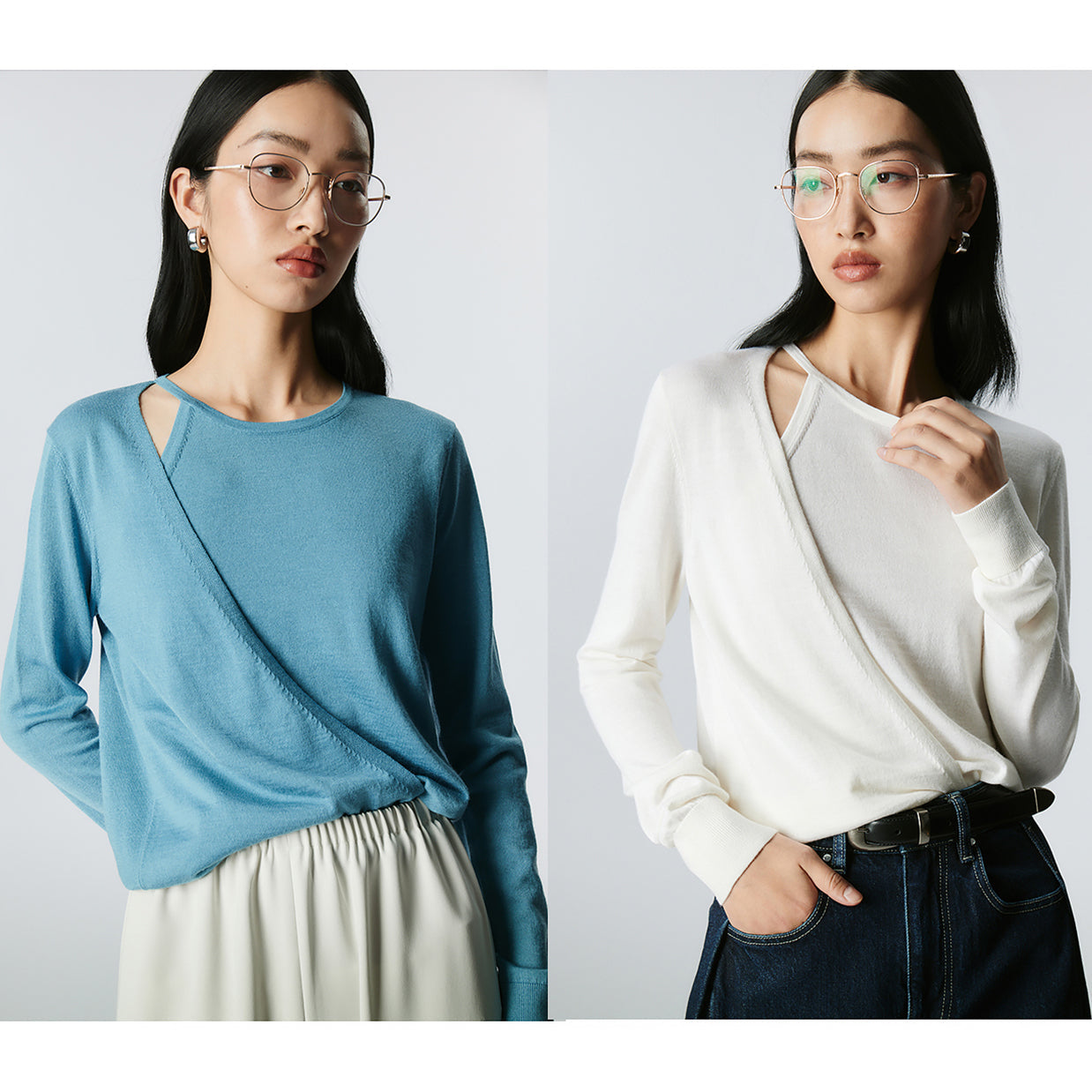 Wool and silk asymmetric knitted long-sleeved top