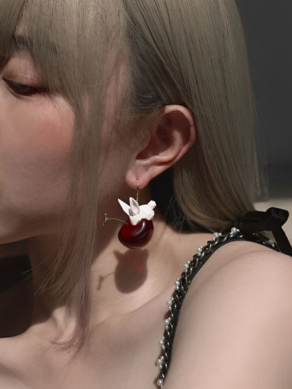 Sleeping Animal Cherry Polygon Earrings B1428